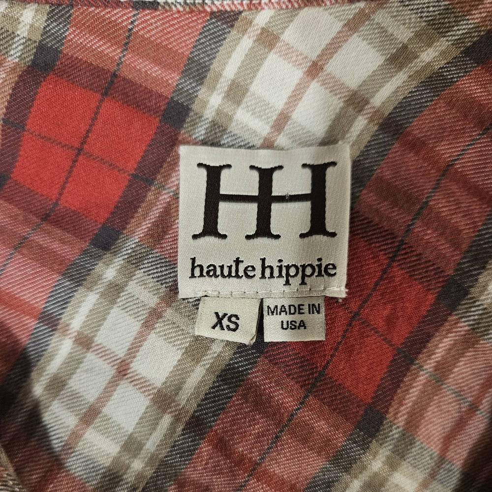 Haute Hippie Red Plaid Flannel Pullover Henley XS Boho Grunge Western Chic - Picture 7 of 7